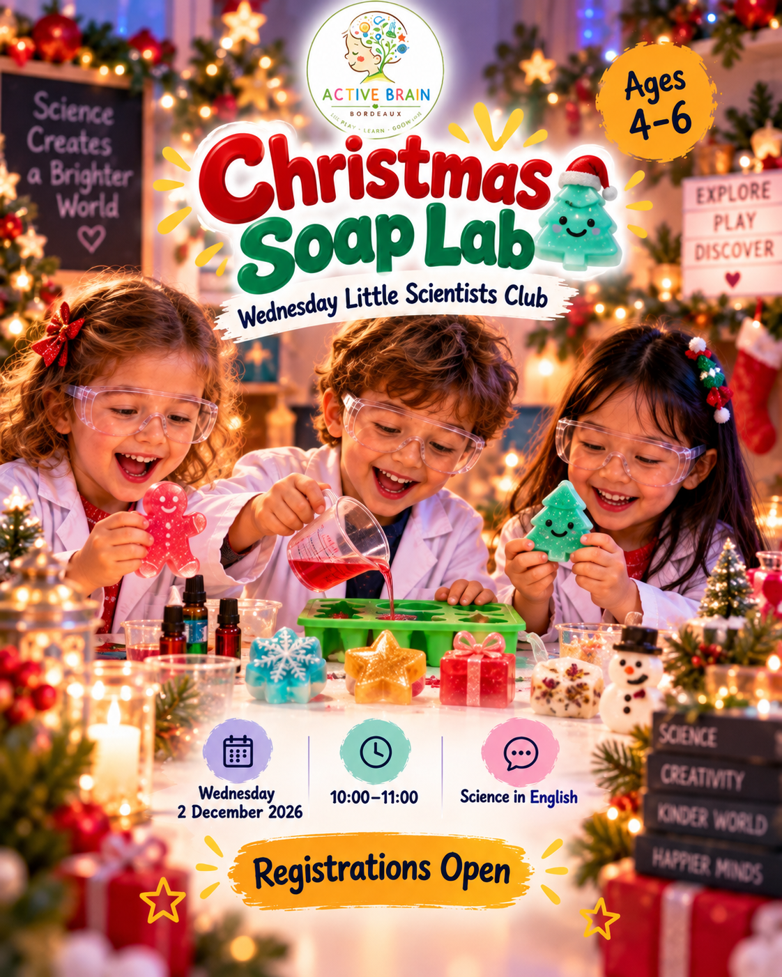 Children in lab coats making festive Christmas soaps with colourful molds