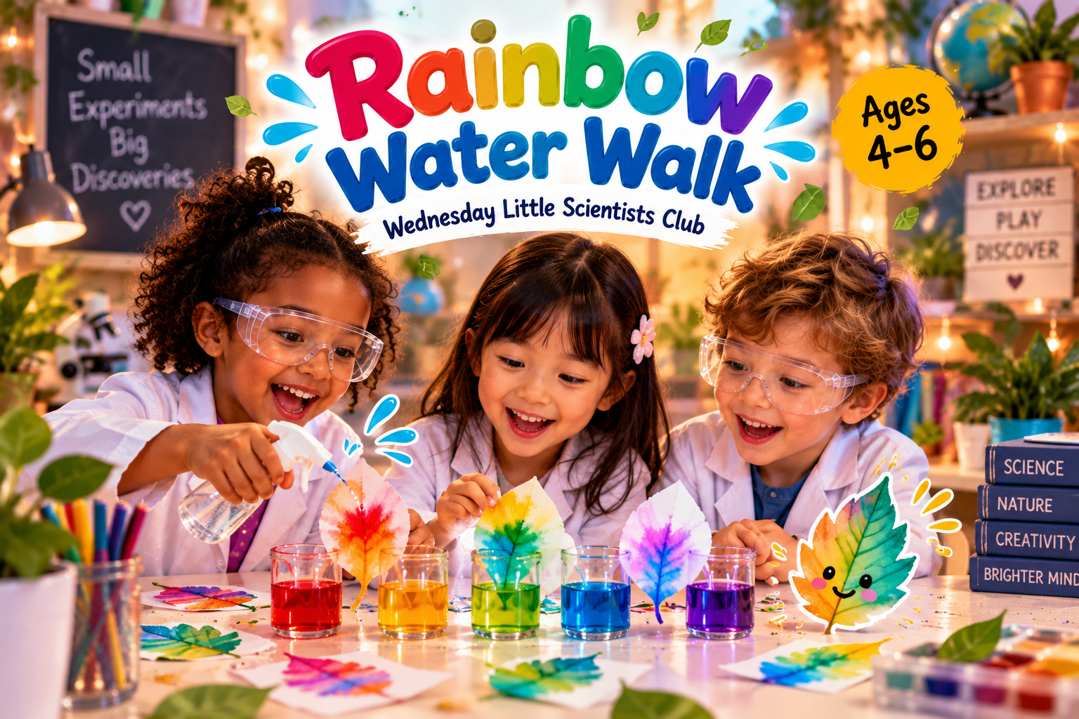 Children in lab coats exploring capillary action with colourful glasses of water and paper leaves