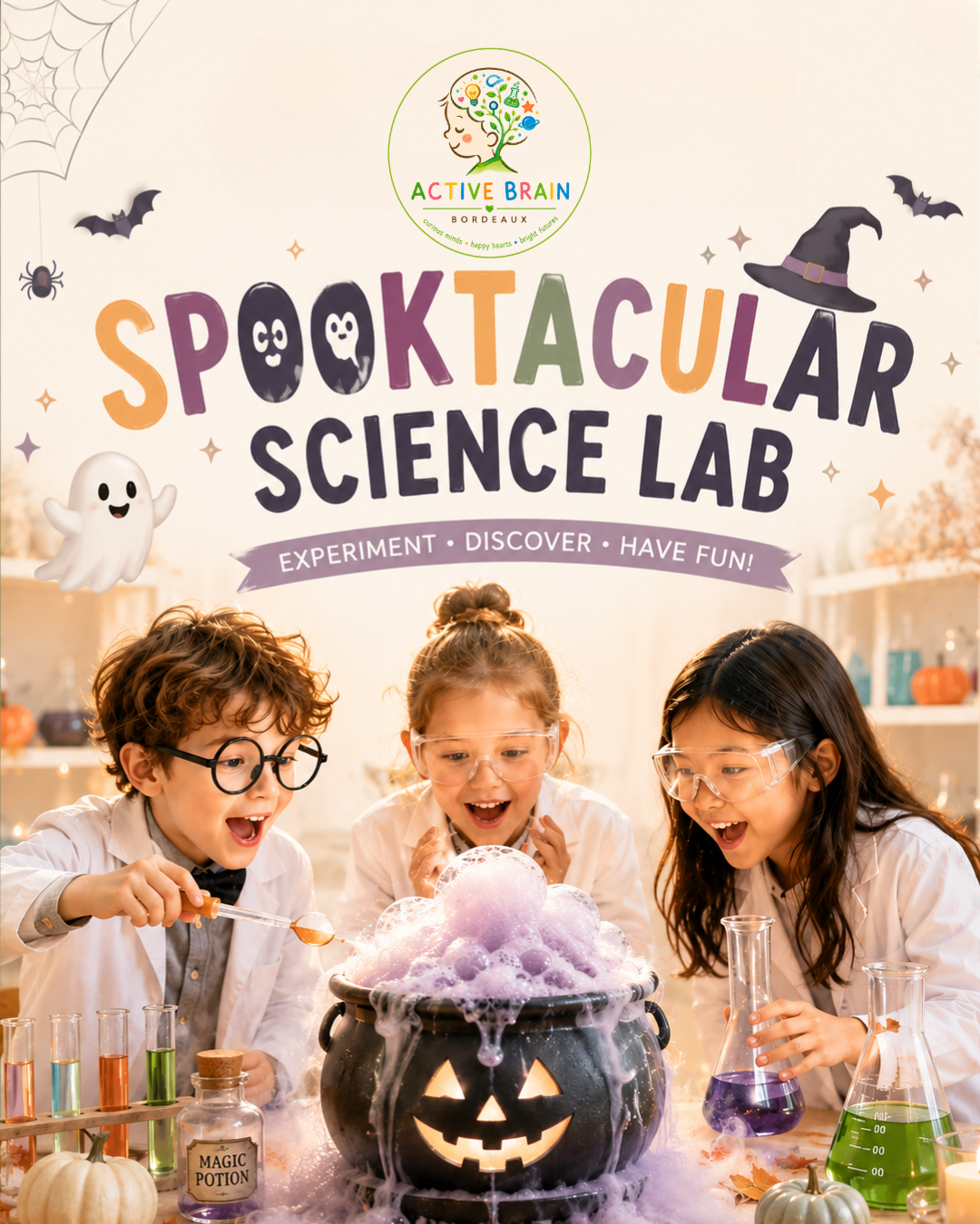 Spooktacular Science Lab Halloween camp poster — children experimenting with a bubbling pumpkin cauldron