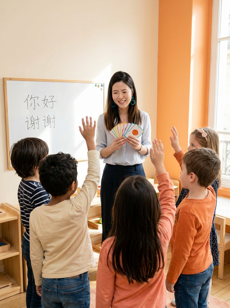 Sheavon teaching Mandarin to a small group of children