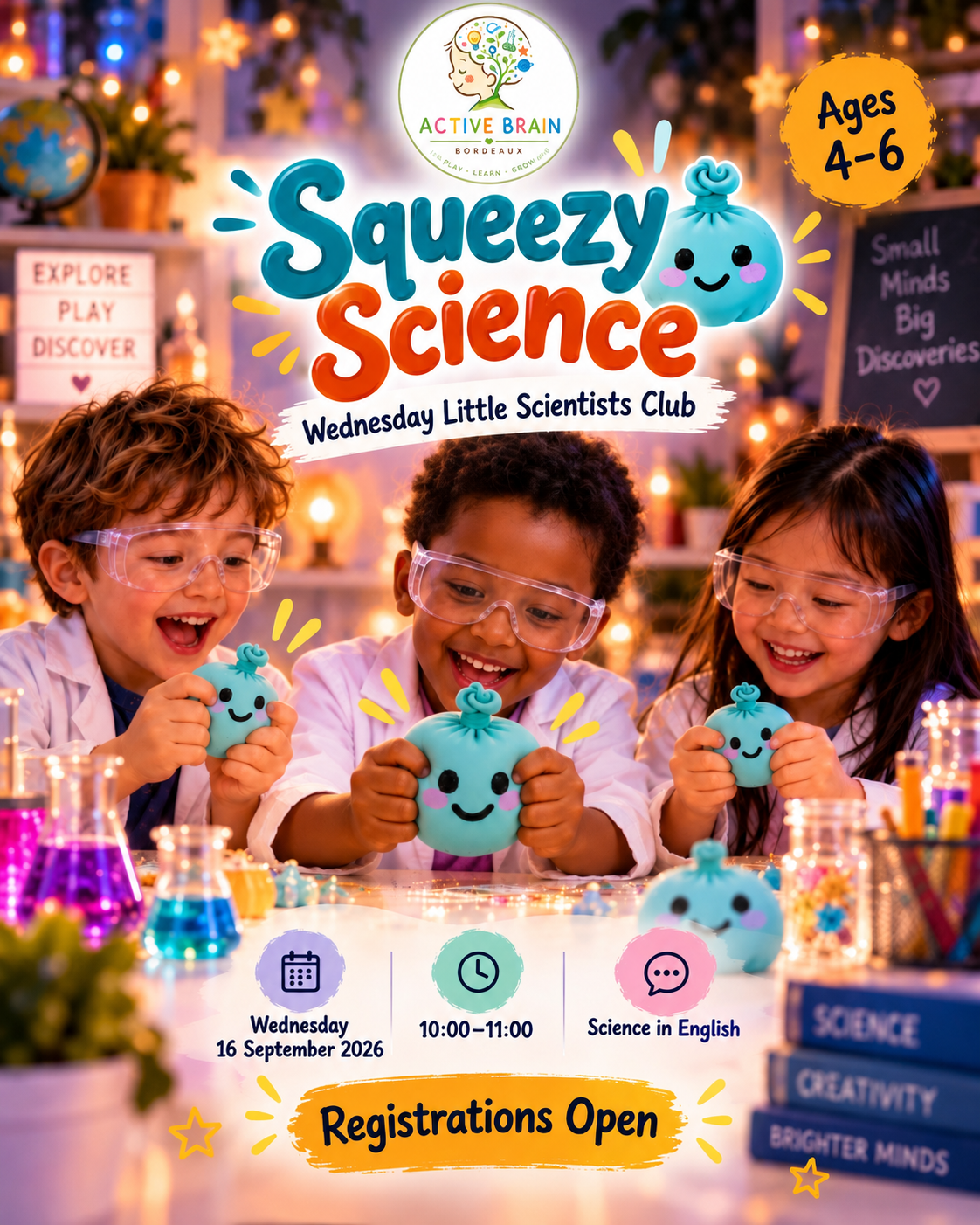 Children in lab coats squeezing squishy science creations with colourful beakers