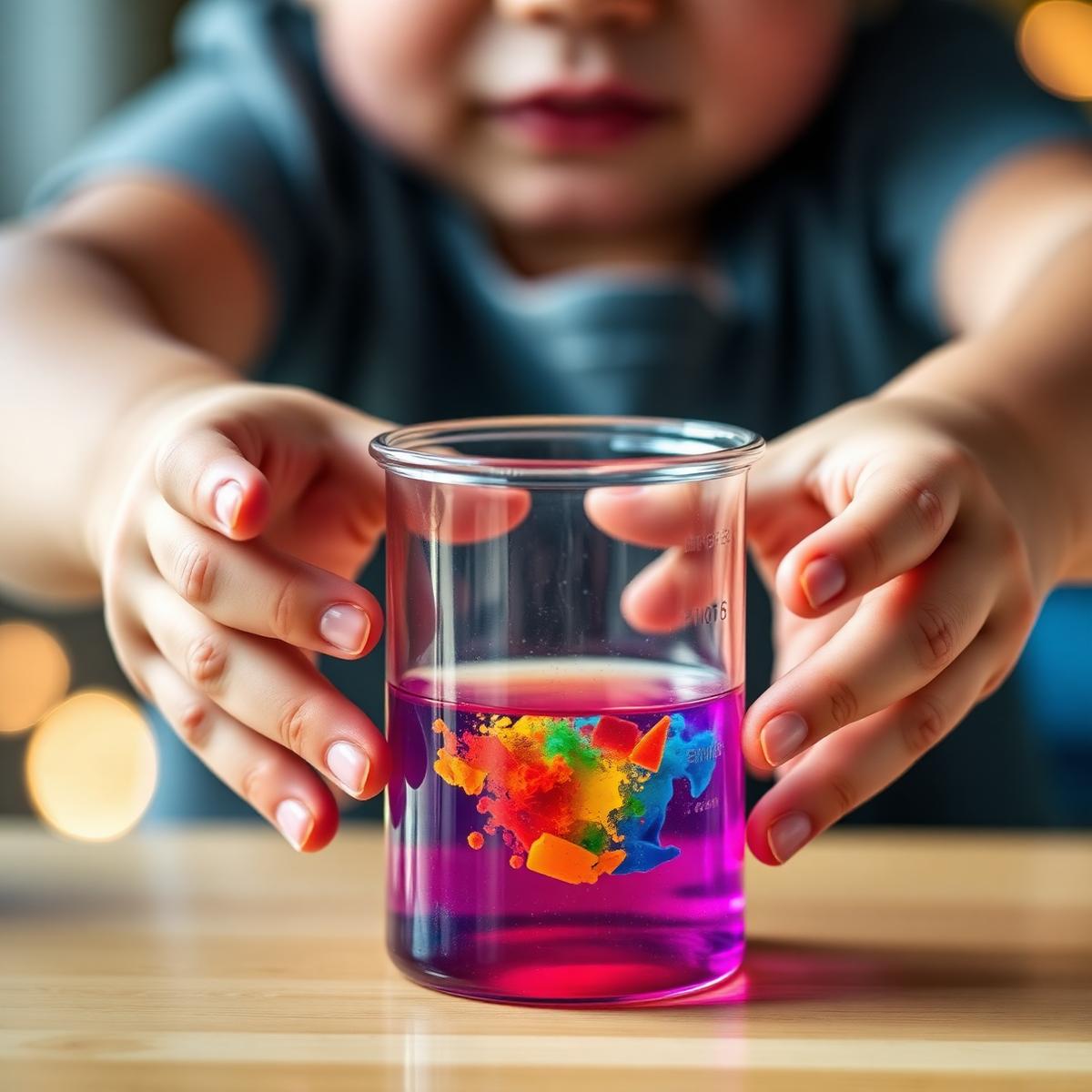 Child mixing colorful science liquids