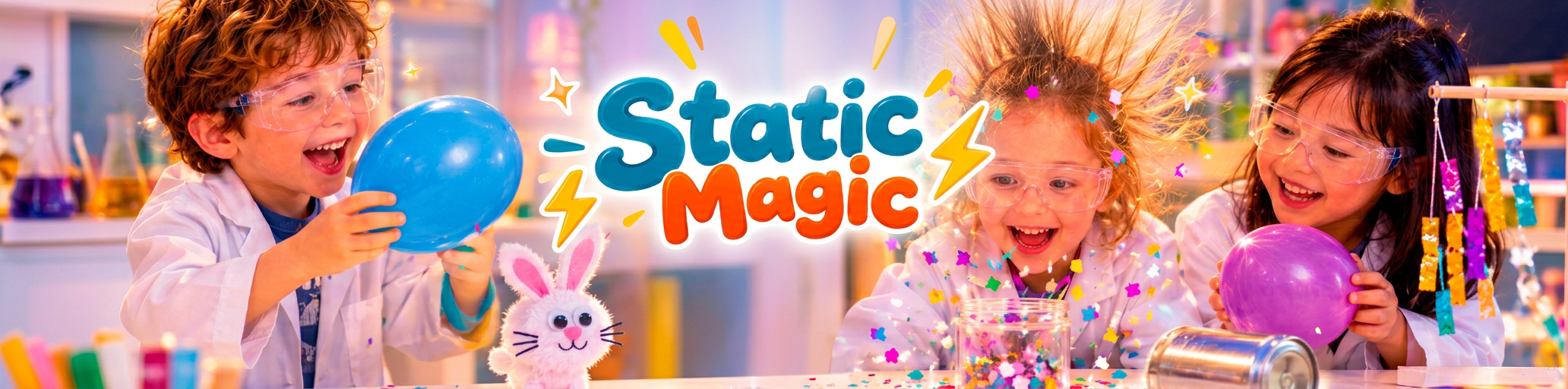Children exploring static electricity with balloons, a bunny and an aluminium can